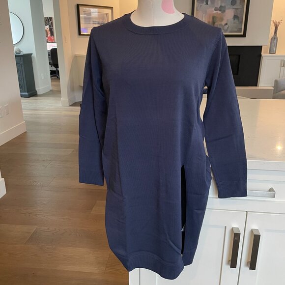 Sans & Sans from Singapore 3/4 Slv Crew Neck Knit Tunic Front Slit Blue Sz S/M - Picture 14 of 14